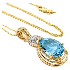 Collar Colgante Oro Amarillo 14K Topacio Azul y Diamantes