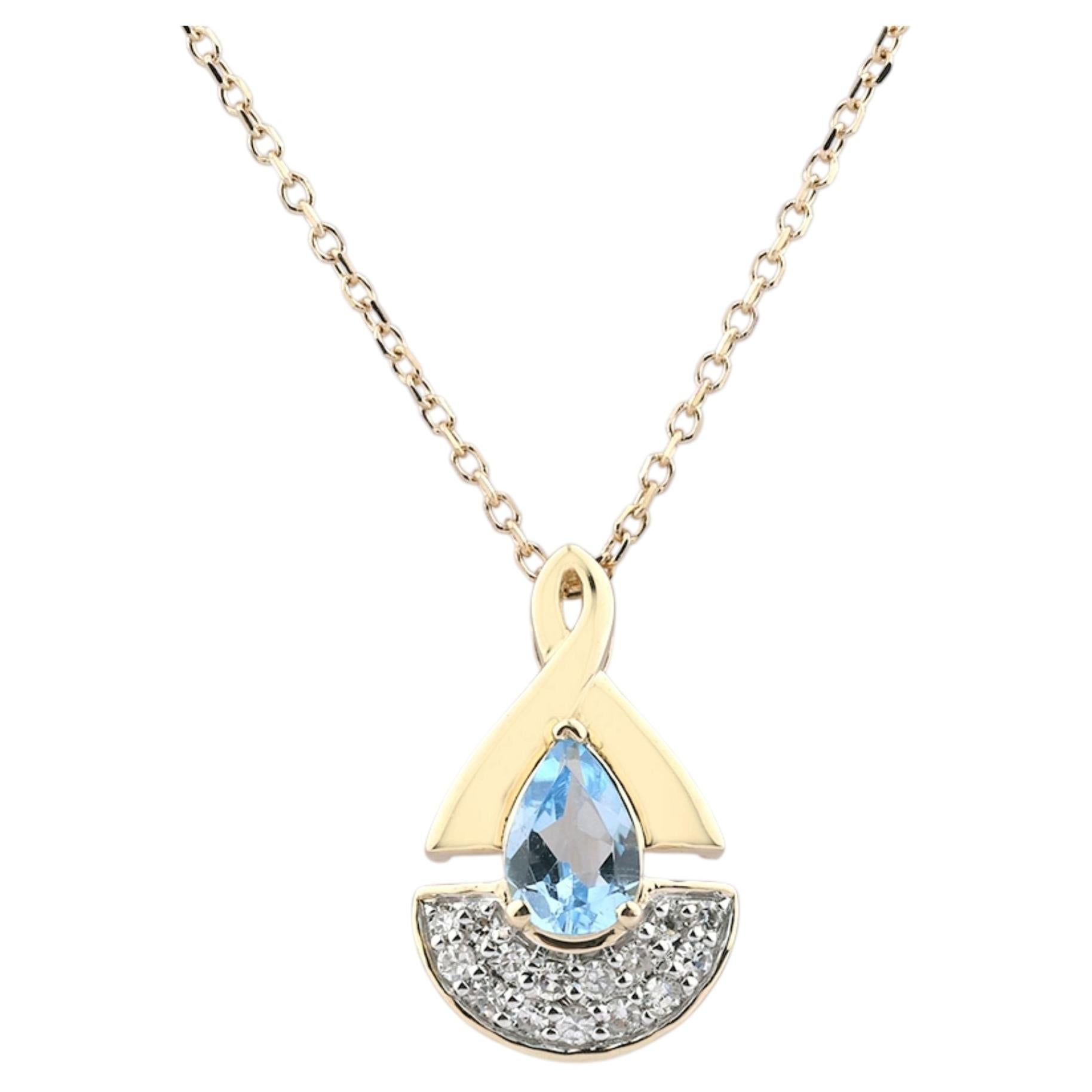 14K Yellow Gold Blue Topaz & Diamond Pendant Necklace For Sale