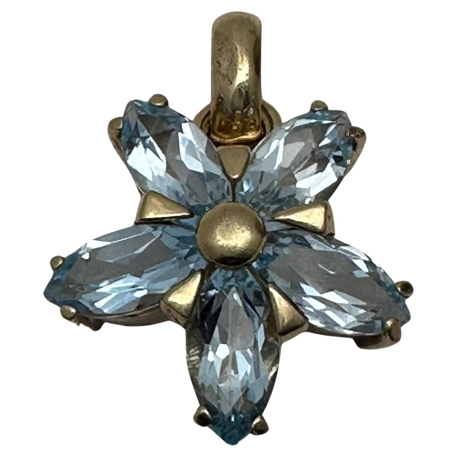 14k Yellow Gold Blue Topaz Marquise 3/4" Floral Pendant  For Sale