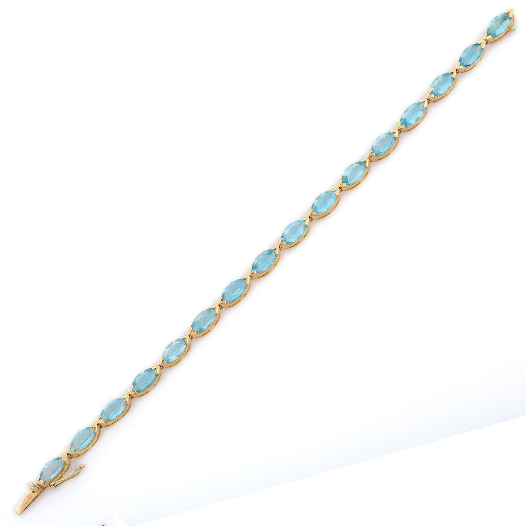Modern 14k Solid Yellow Gold 18.9 CTW Marquise Cut Blue Topaz Wedding Bracelet In New Condition For Sale In Houston, TX