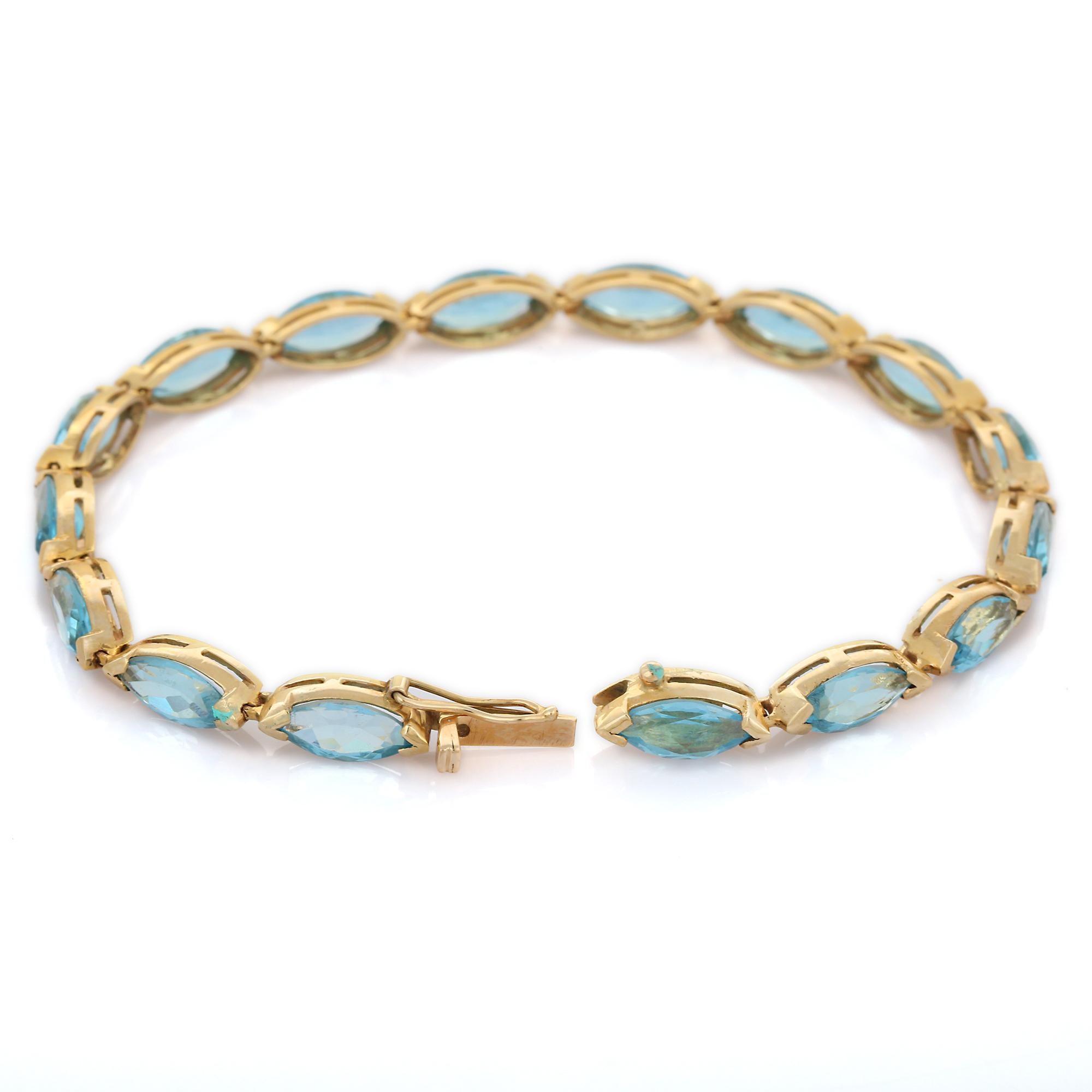 Modern 14k Solid Yellow Gold 18.9 CTW Marquise Cut Blue Topaz Wedding Bracelet For Sale 1