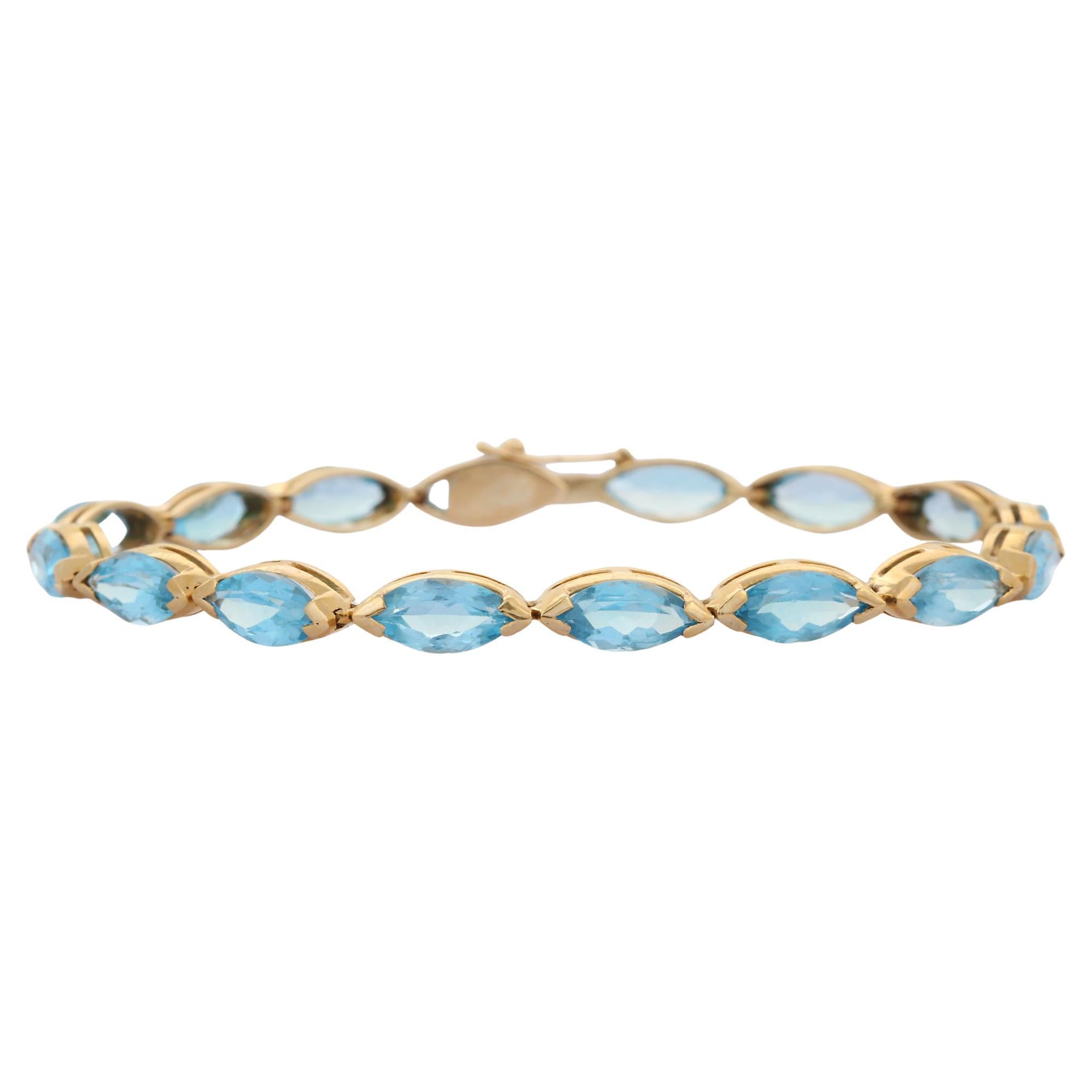 Modern 14k Solid Yellow Gold 18.9 CTW Marquise Cut Blue Topaz Wedding Bracelet For Sale