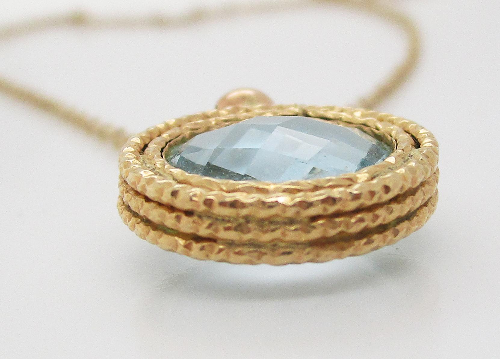 Women's 14 Karat Yellow Gold Blue Topaz Pendant and Chain For Sale