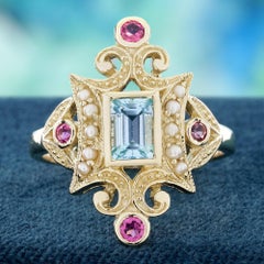 14K Yellow Gold Blue Topaz Pink Tourmaline and Pearl Vintage Style Dinner Ring