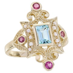 14K Yellow Gold Blue Topaz Pink Tourmaline and Pearl Vintage Style Dinner Ring