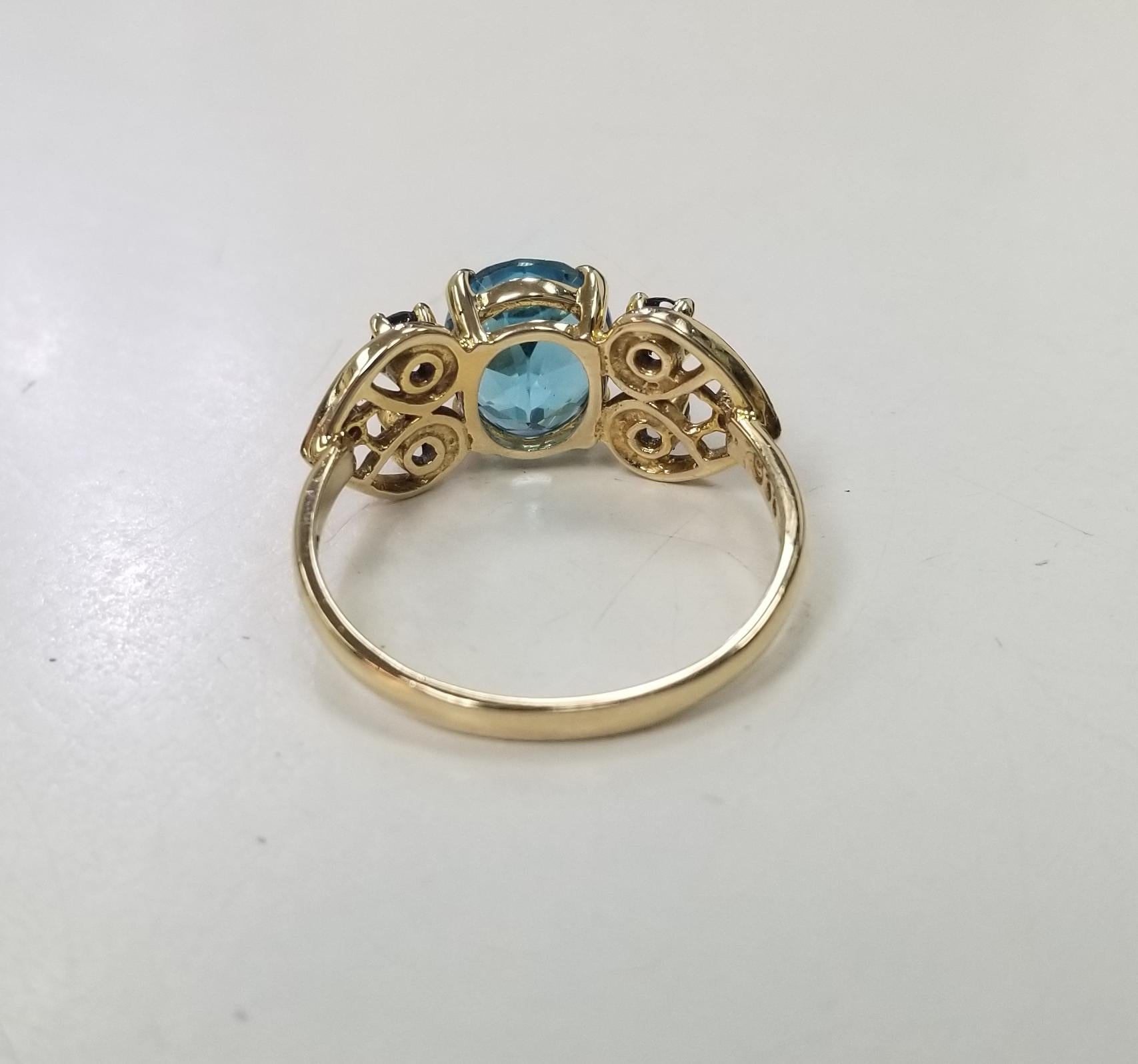 14k yellow gold Blue Topaz, Sapphire and Diamond ring and earring set In Excellent Condition For Sale In Los Angeles, CA
