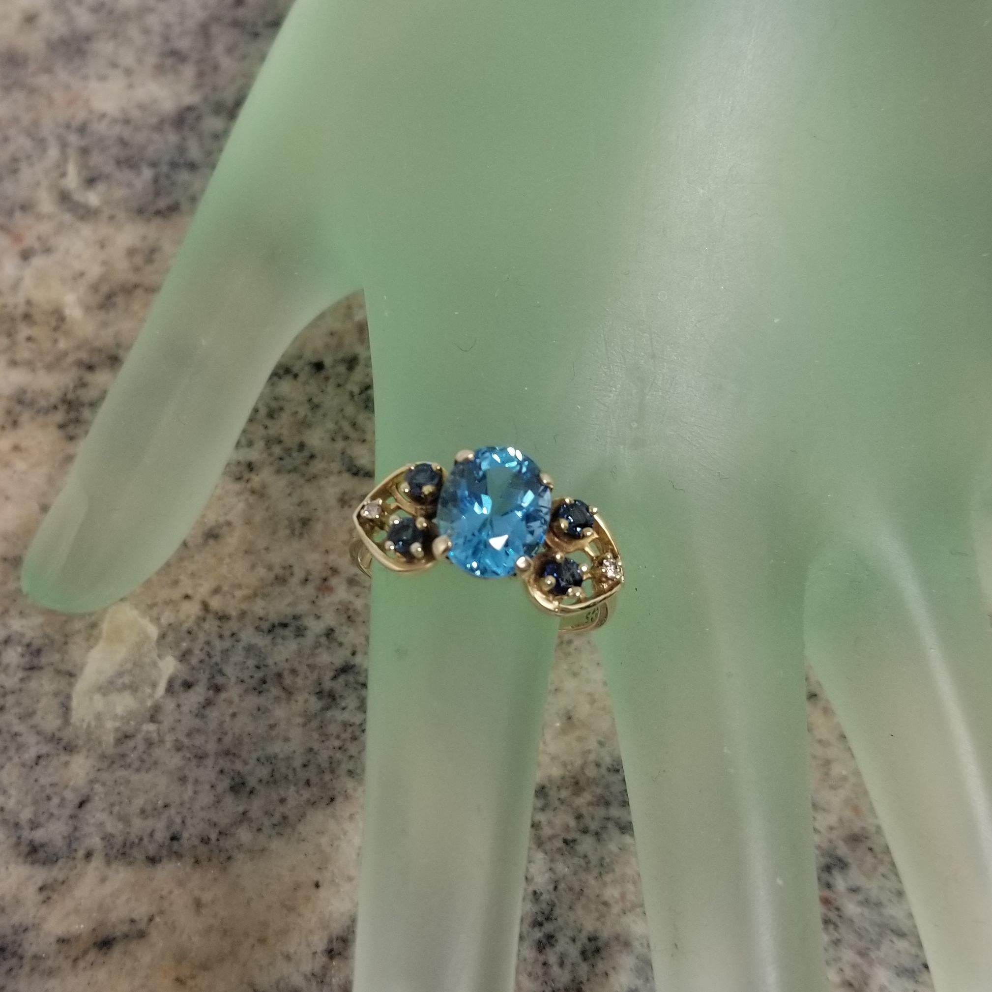 14k yellow gold Blue Topaz, Sapphire and Diamond ring and earring set For Sale 2