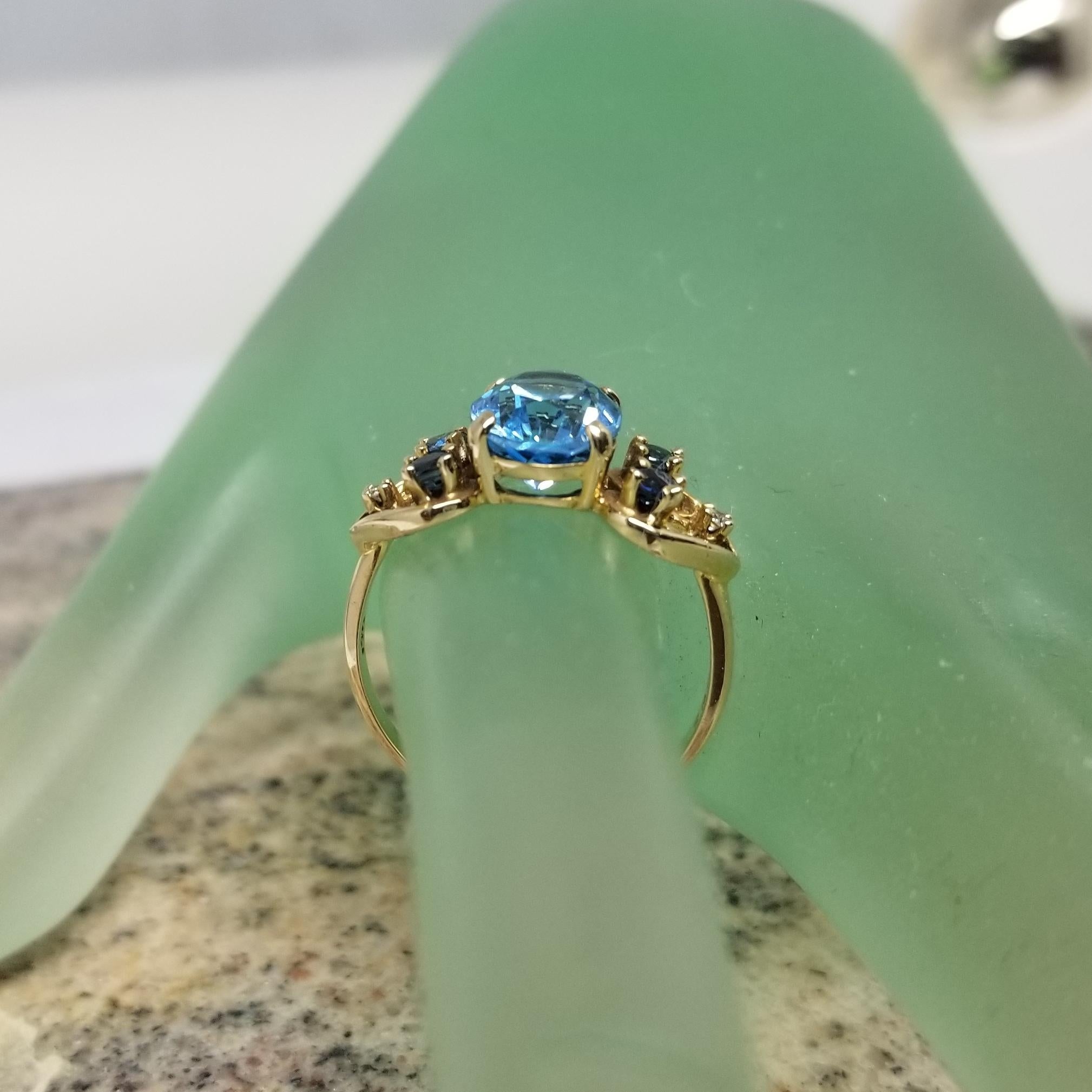 14k yellow gold Blue Topaz, Sapphire and Diamond ring and earring set For Sale 3