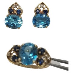 Ensemble bague et boucles d'oreilles en or jaune 14 carats, topaze bleue, saphir et diamant