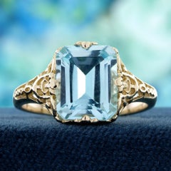 14K Yellow Gold Blue Topaz Vintage Style Filigree Solitaire Ring