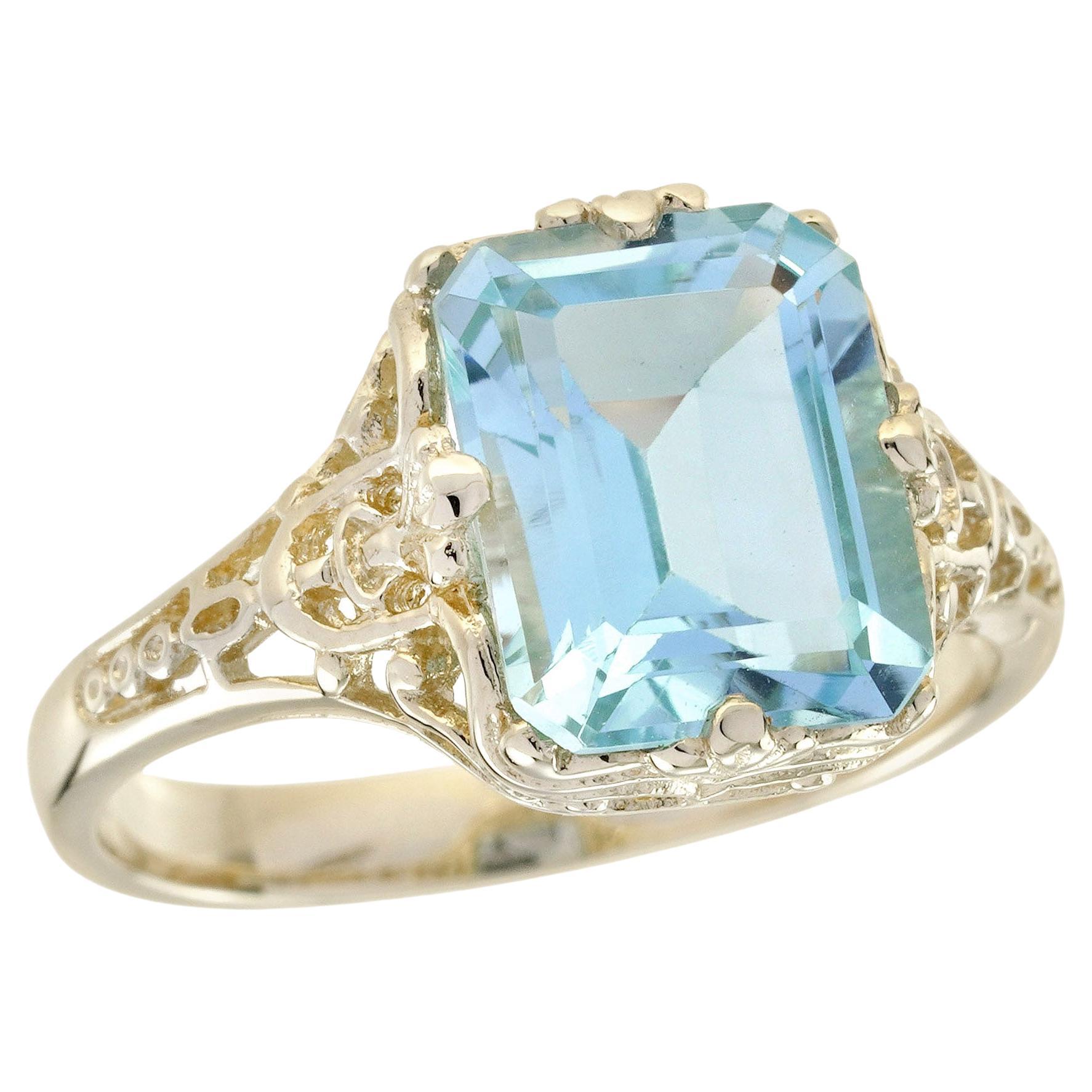 14K Yellow Gold Blue Topaz Vintage Style Filigree Solitaire Ring For Sale