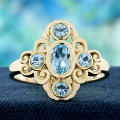 14K Yellow Gold Blue Topaz Vintage Style Ring