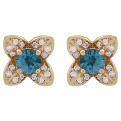 14K Yellow Gold Blue Zircon and Diamond Stud Earrings 