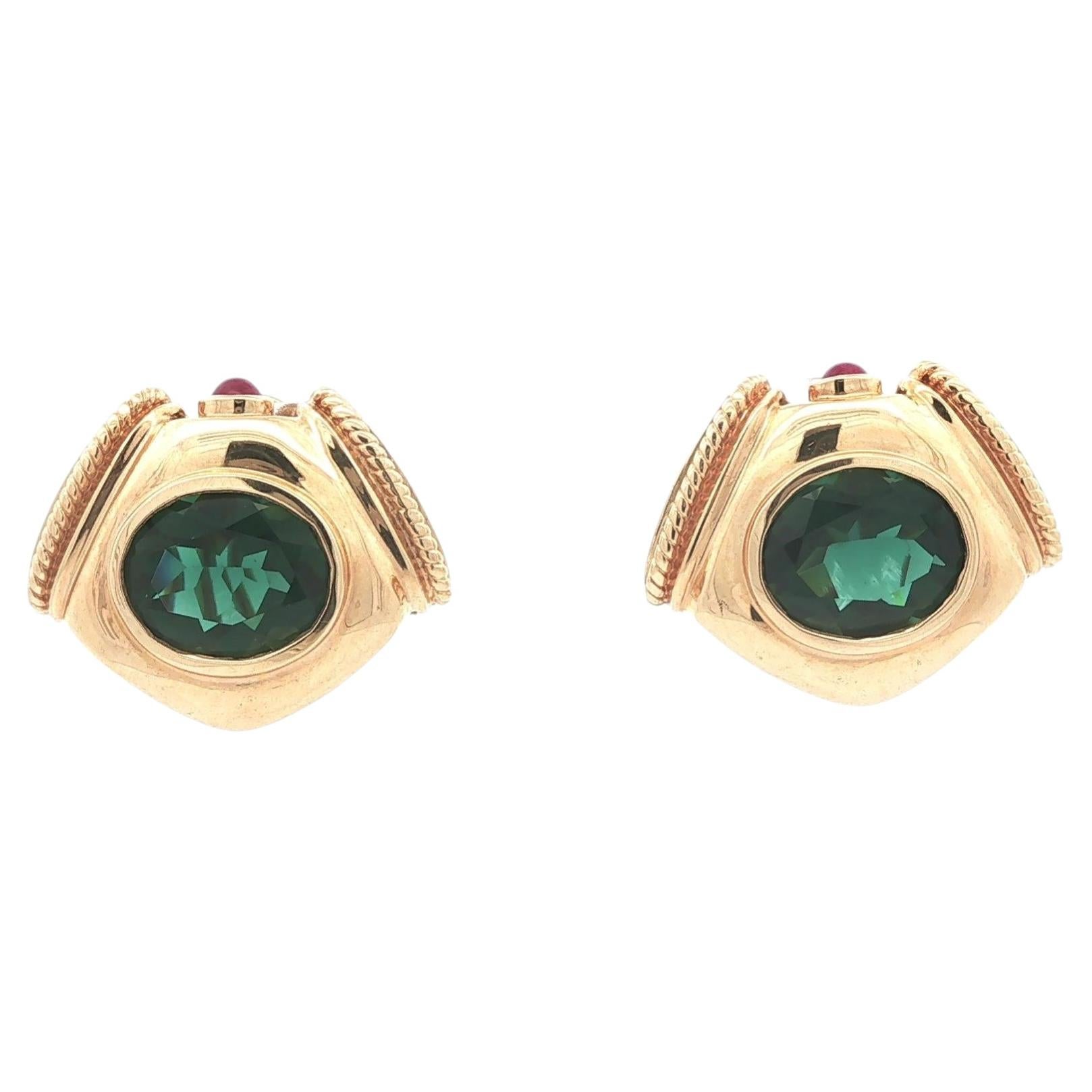 14k Yellow Gold Bluish Green Lab Grown Quartz w/ Ruby Omega Earrings For Sale