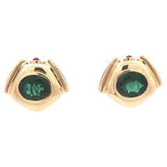 14k Yellow Gold Bluish Green Lab Grown Quartz w/ Ruby Omega Earrings
