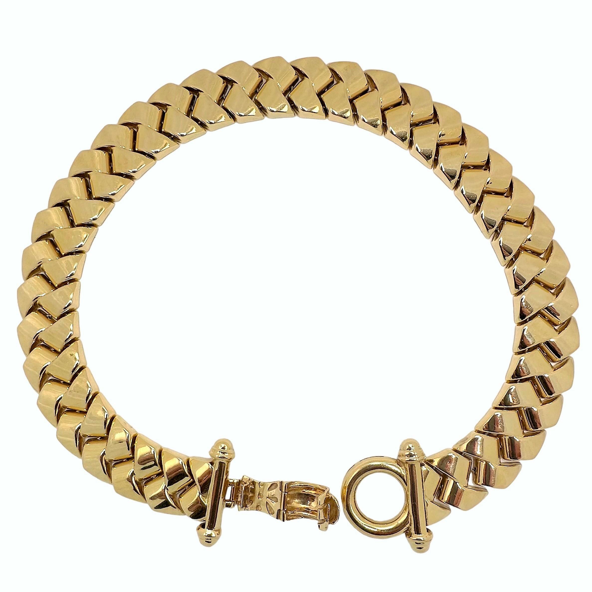 Modern 14k Yellow Gold Bold Italian Braided Link Choker Just under 3/4 Inch Wide For Sale