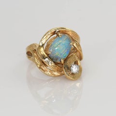 14K Yellow Gold Boulder Opal & Diamond Ring 9.9g