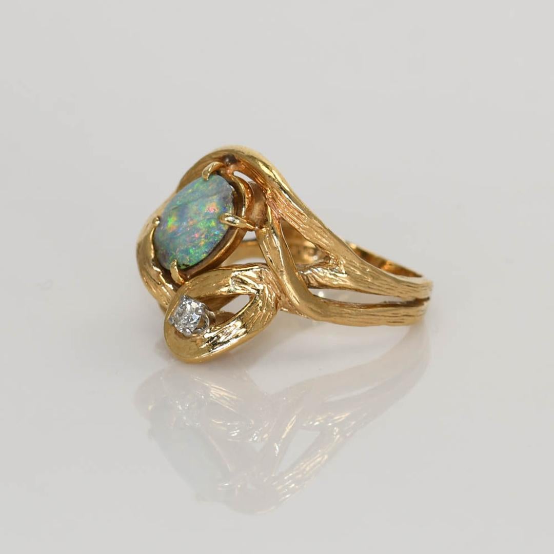 Bague en or jaune 14K avec opale de Boulder et diamant 9.9g en vente 1