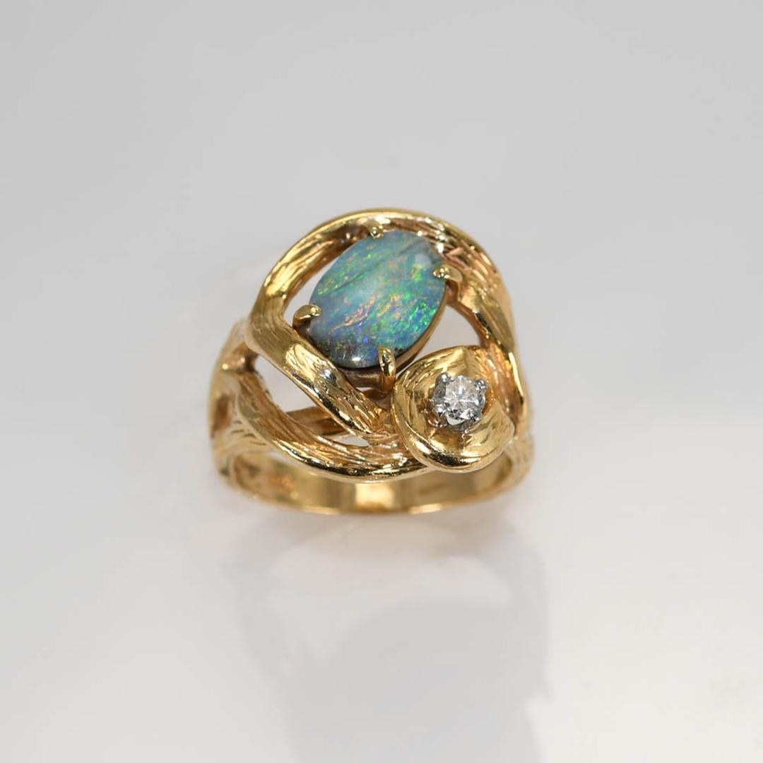 Bague en or jaune 14K avec opale de Boulder et diamant 9.9g en vente 3