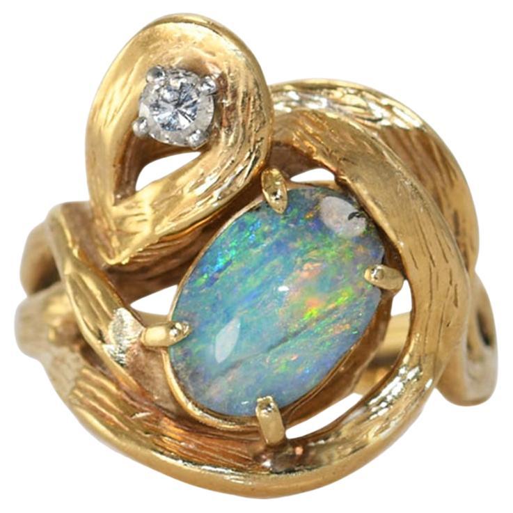 Anello in oro giallo 14K con opale Boulder e diamanti 9,9g
