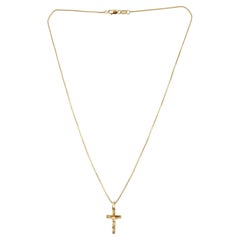 Vintage 14K Yellow Gold Box Chain with Cross Pendant #14870