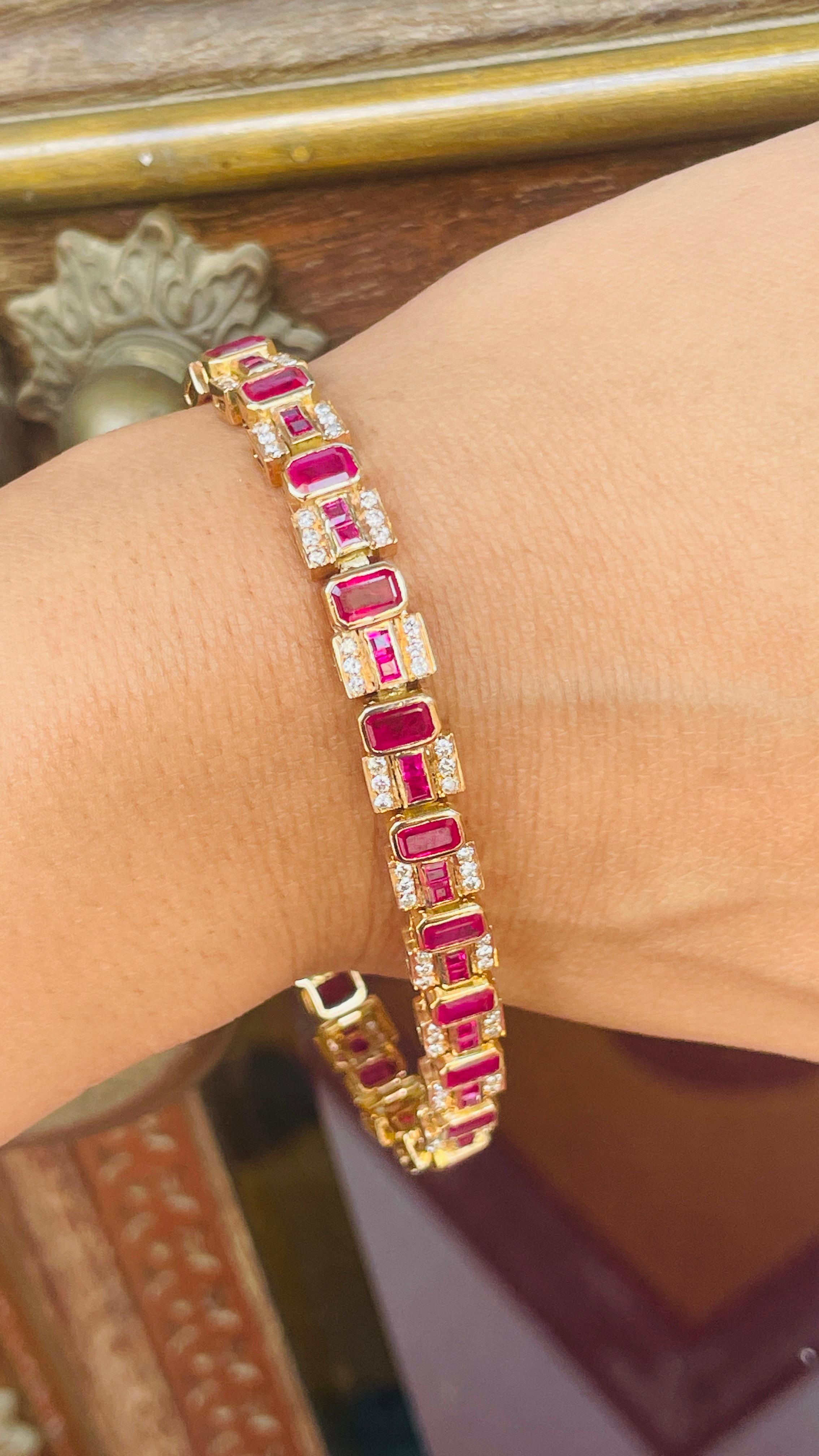 Contemporary 14kt Solid Yellow Gold Diamond and  15 CTW Ruby Tennis Bracelet For Sale 3