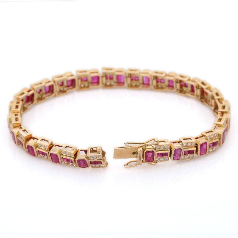 Women's Contemporary 14kt Solid Yellow Gold Diamond and  15 CTW Ruby Tennis Bracelet For Sale