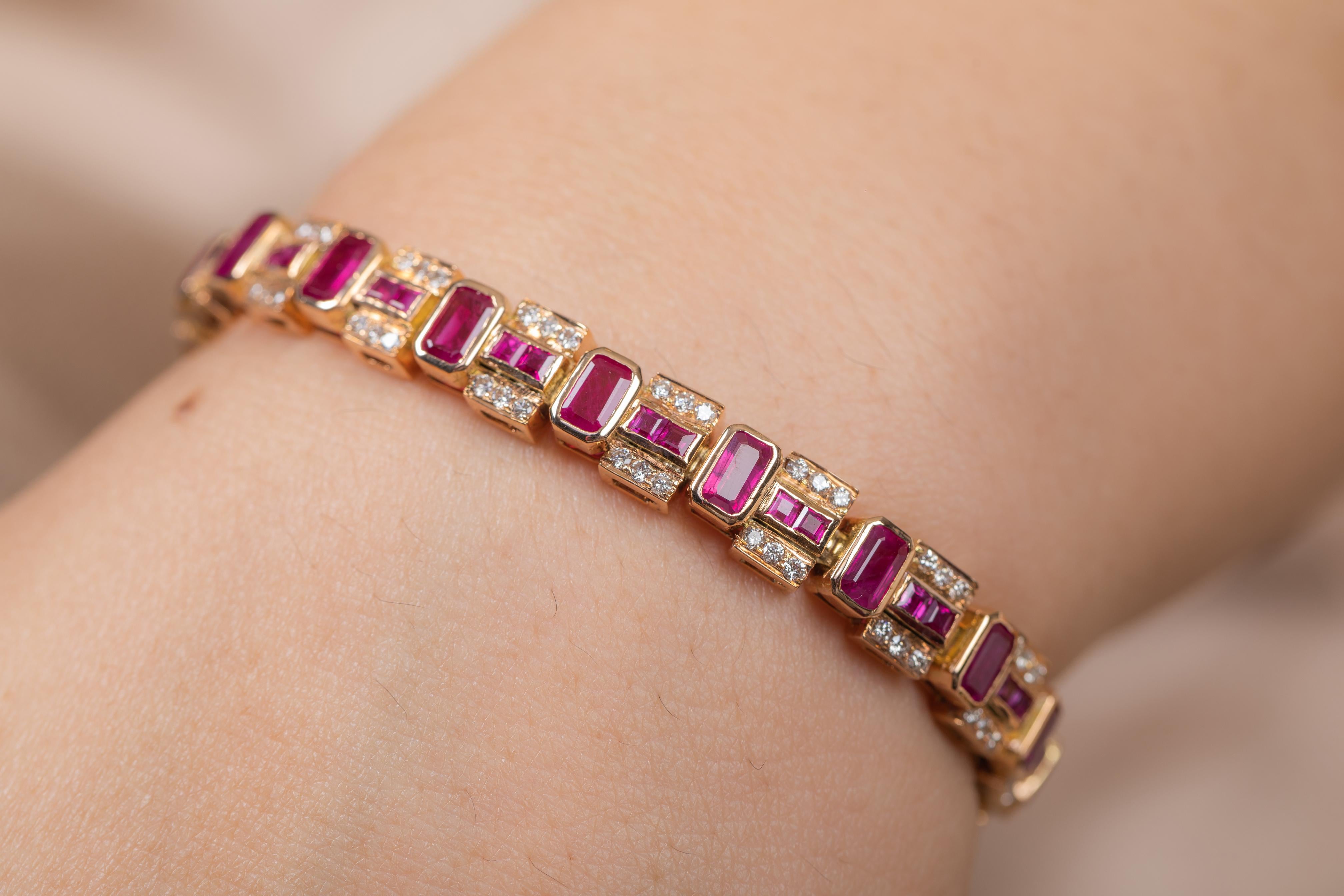 This Contemporary Diamond Ruby Tennis Bracelet in 14K gold showcases 63 endlessly sparkling natural ruby, weighing 15 carat. It measures 7.5 inches long in length. 
Ruby improves mental health. 
Designed with perfect octagon cut ruby with round