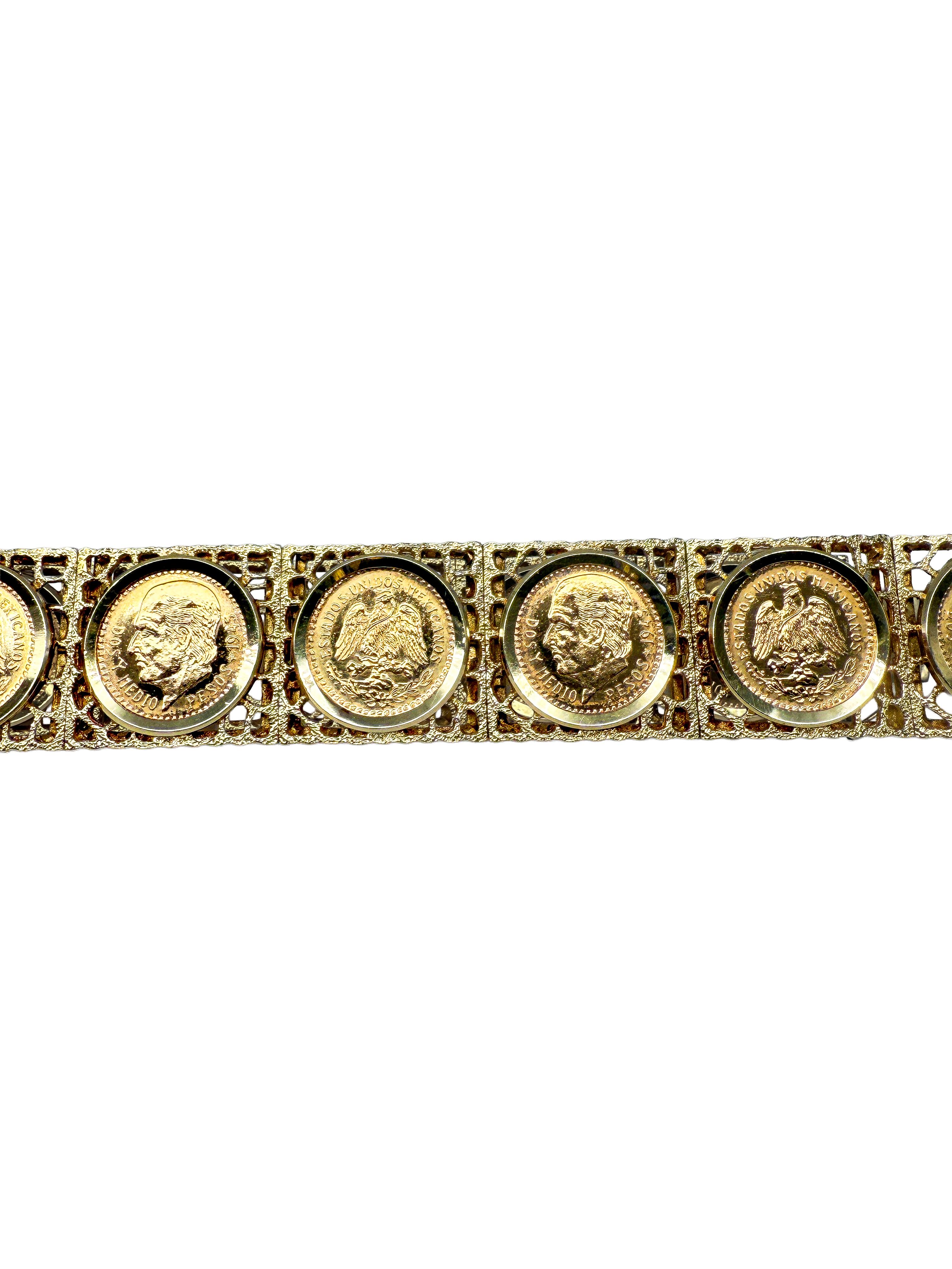14K Gelbgold Armband mit mexikanischen 900 Goldmünzen (Moderne) im Angebot