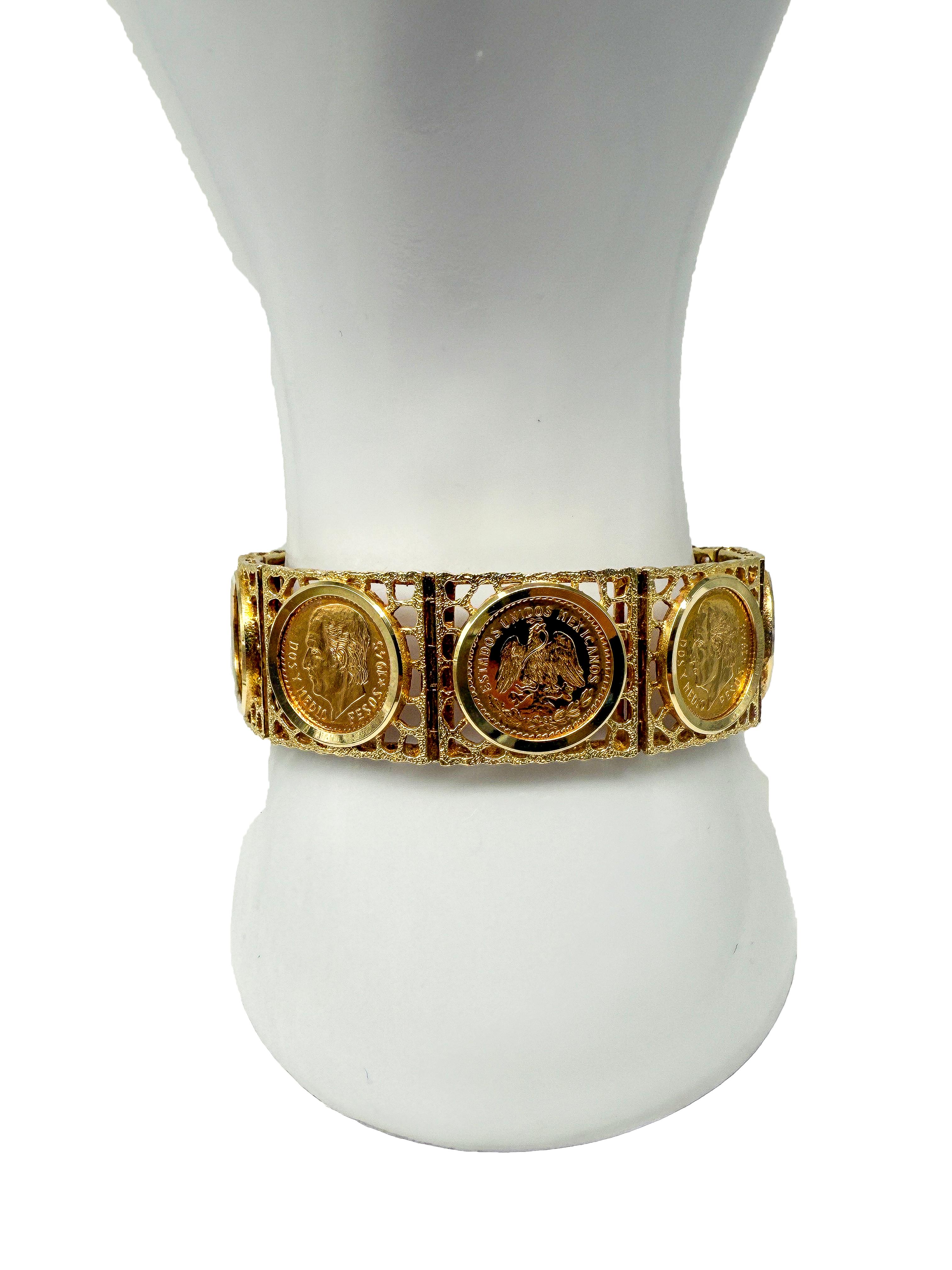 14K Gelbgold Armband mit mexikanischen 900 Goldmünzen für Damen oder Herren im Angebot