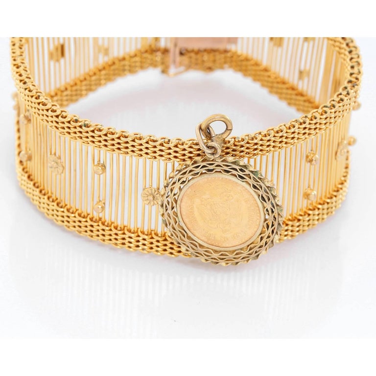 14 Karat Yellow Gold Bracelet with Mexican Peso Charm For Sale at 1stdibs