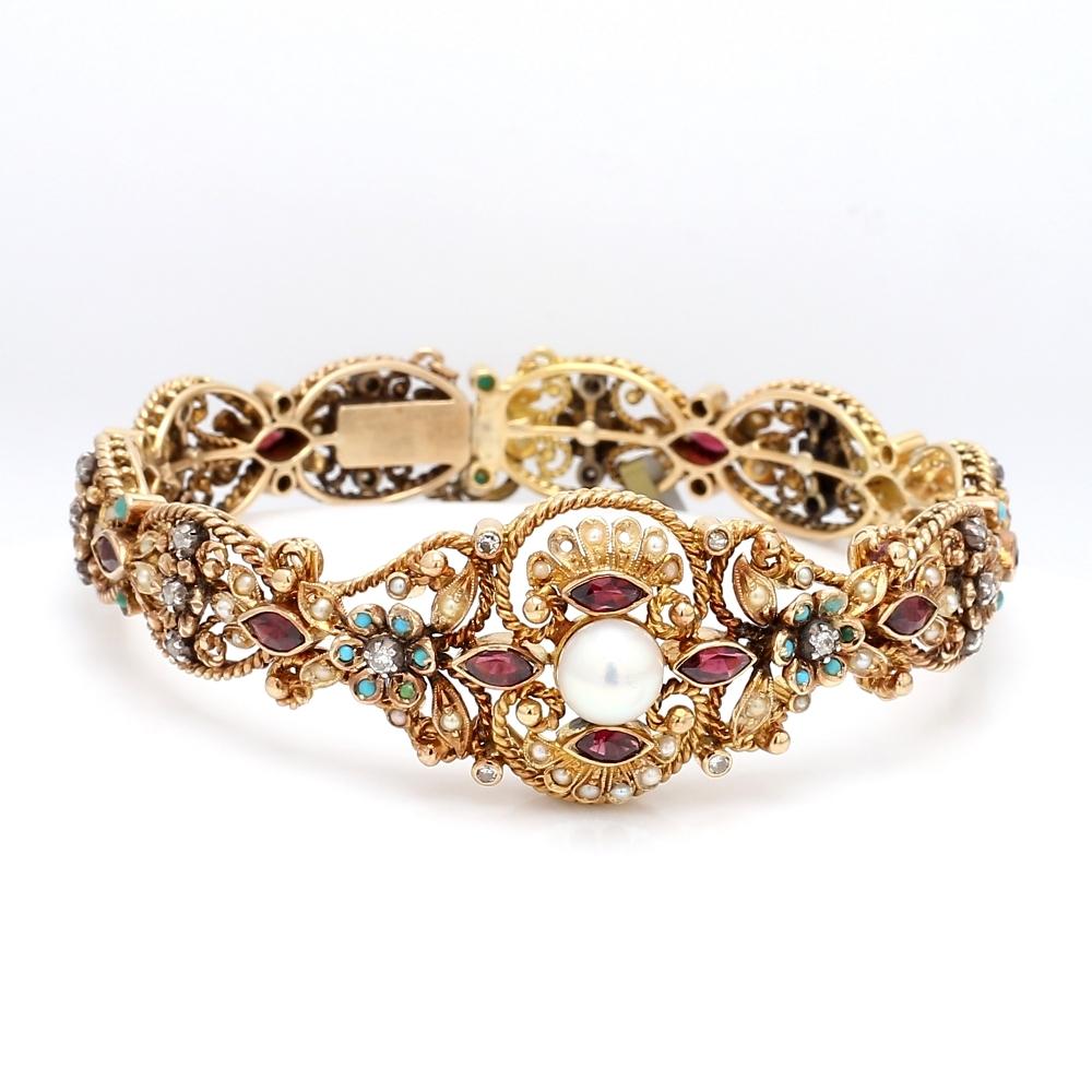 14K Yellow Gold Bracelet with Pearl, Diamond, Garnet, and Turquoise Stones In Good Condition For Sale In Scottsdale, AZ