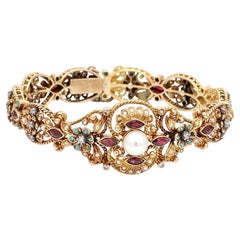 14K Yellow Gold Bracelet with Pearl, Diamond, Garnet, and Turquoise Stones