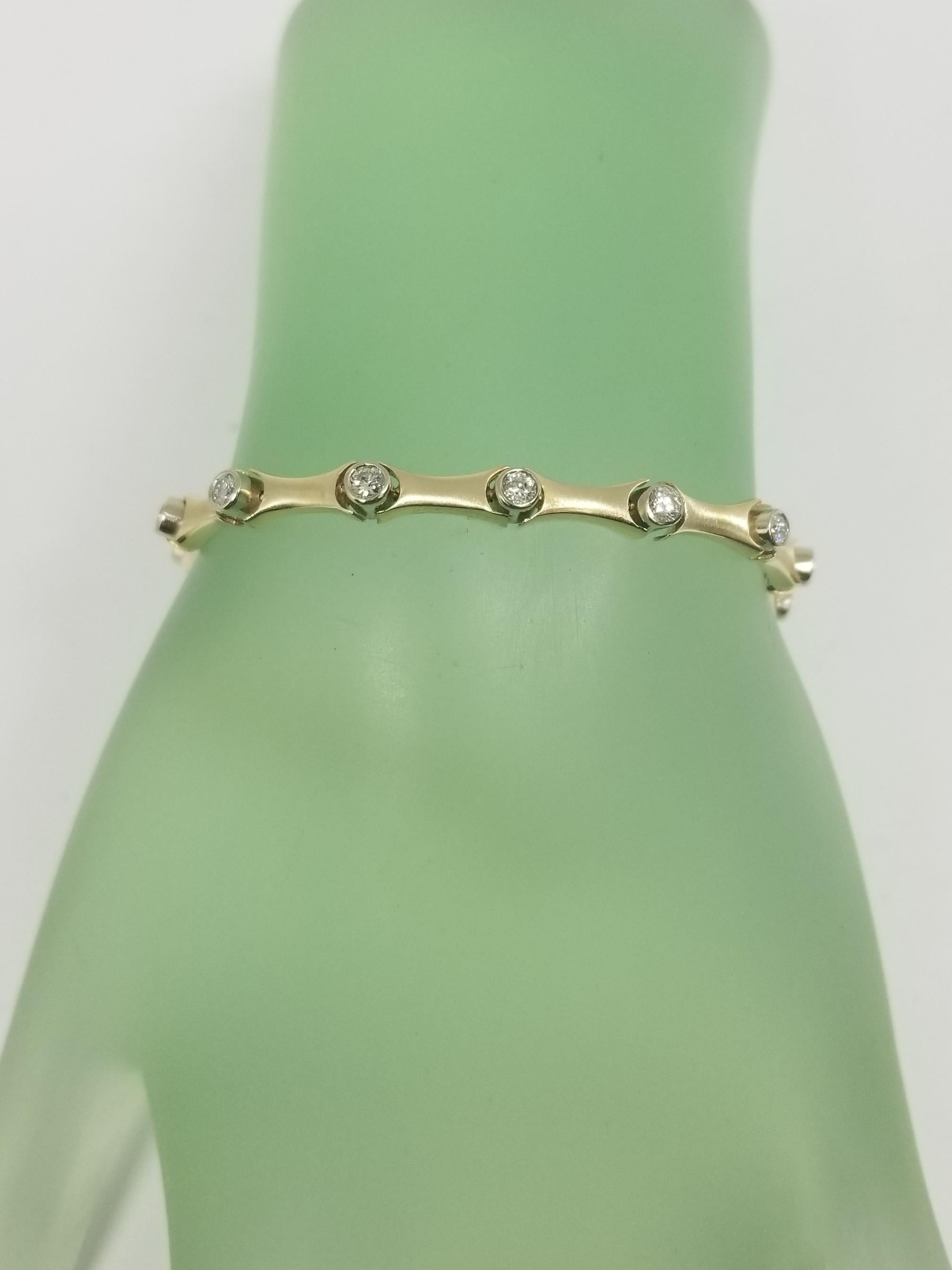 Round Cut 14 Karat Yellow Gold Bracelet with Round Diamonds Bezel Set in Matte Finish For Sale