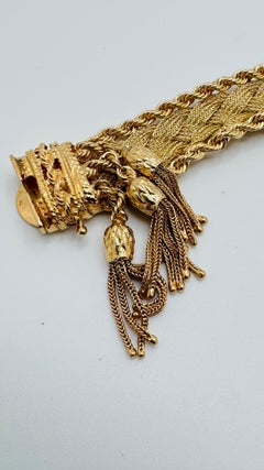 14K Yellow Gold Braided Mesh Bracelet with Rope Detail and Dangling Accents, 39.