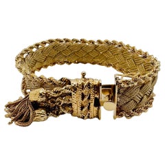 14K Yellow Gold Braided Mesh Bracelet with Rope Detail and Dangling Accents, 39.