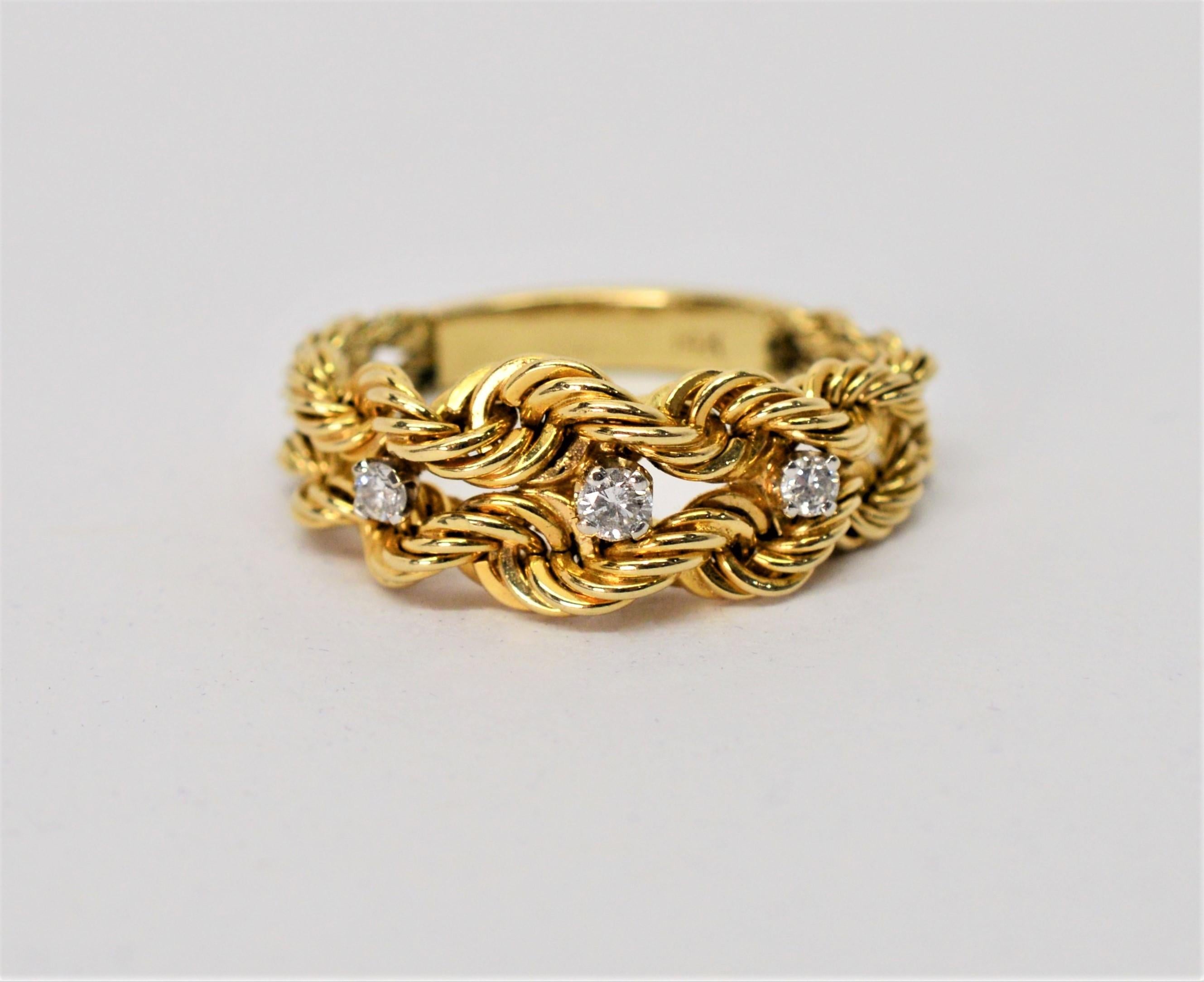 Round Cut 14 Karat Yellow Gold Braided Rope Chain Ring with Diamond Accents