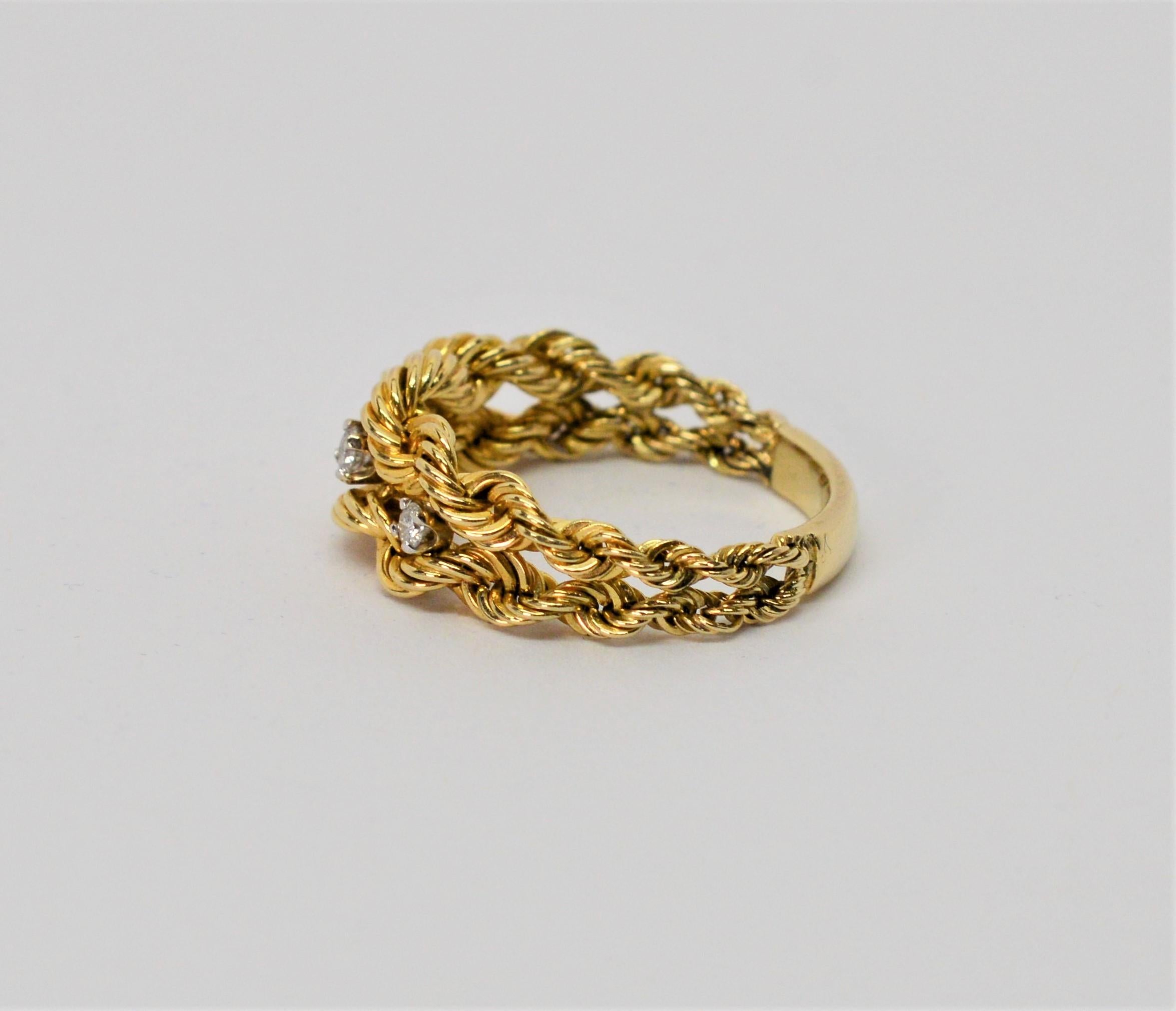 14 Karat Yellow Gold Braided Rope Chain Ring with Diamond Accents In Good Condition In Mount Kisco, NY