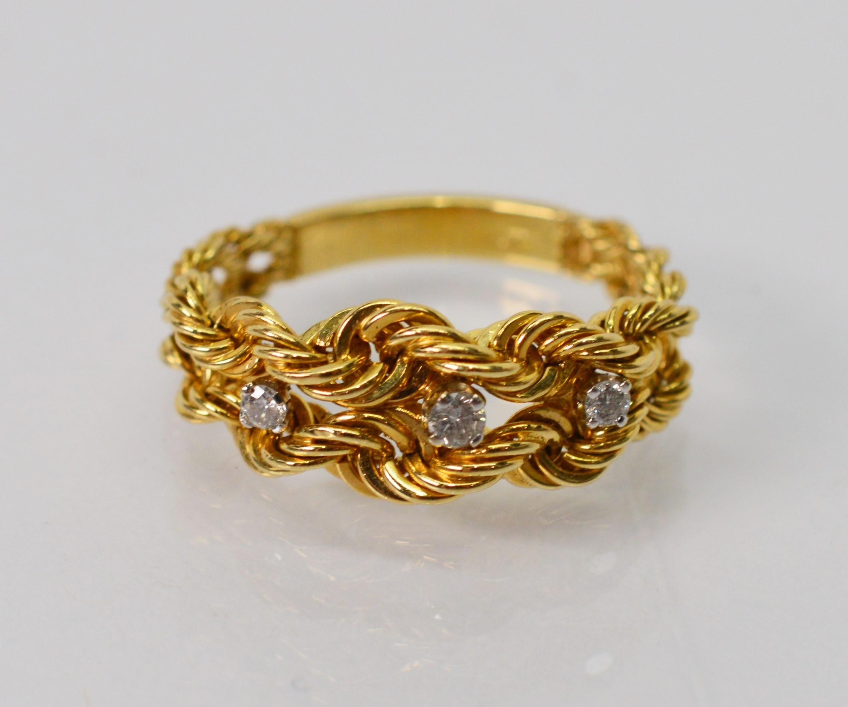 Women's 14 Karat Yellow Gold Braided Rope Chain Ring with Diamond Accents