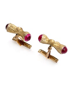 14K Yellow Gold Textured Branch Cufflinks with Bezel Set Red Cabochon Stones