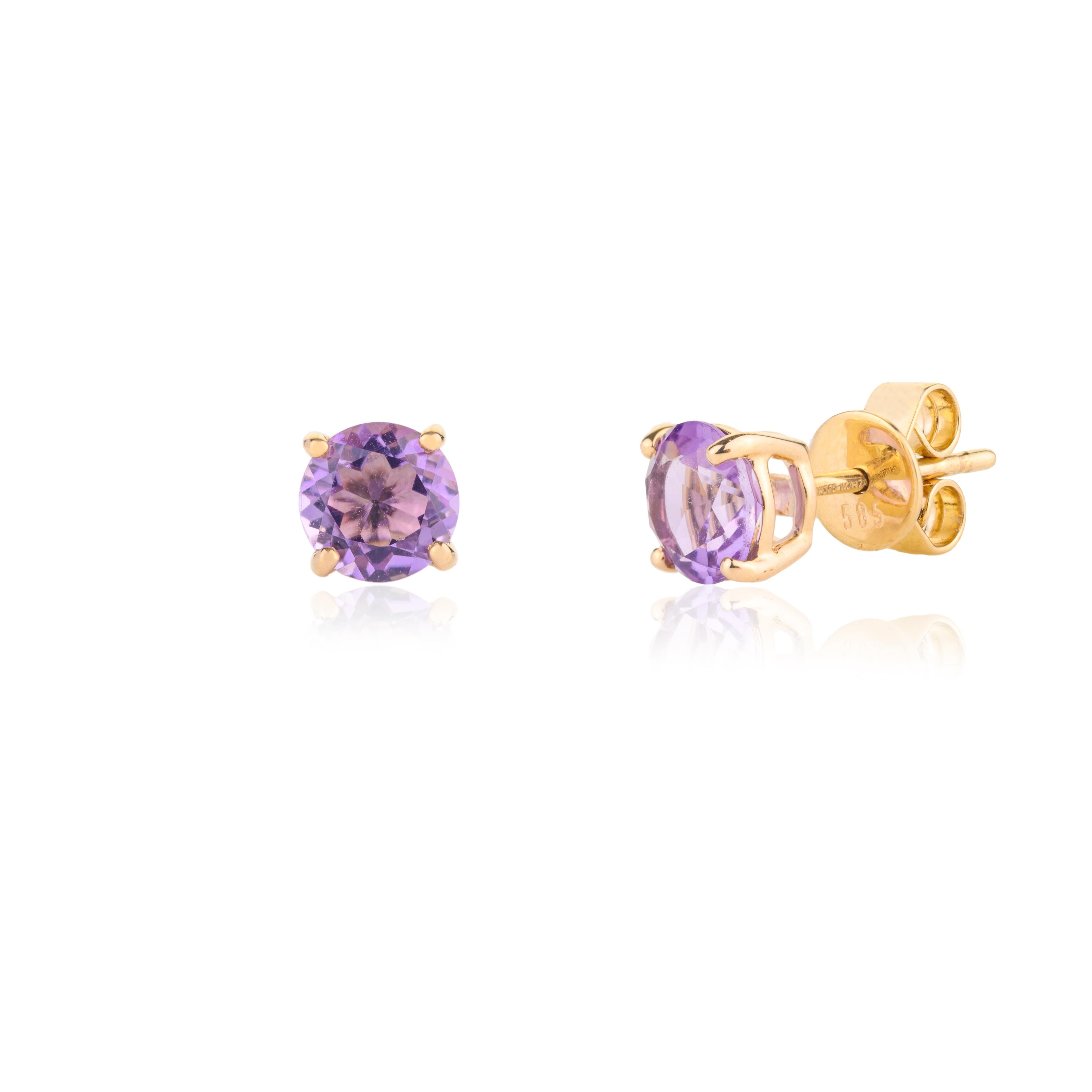 14k Yellow Gold Brilliant Cut Amethyst Prong Set Posts, Amethyst Stud Earrings In New Condition For Sale In Houston, TX