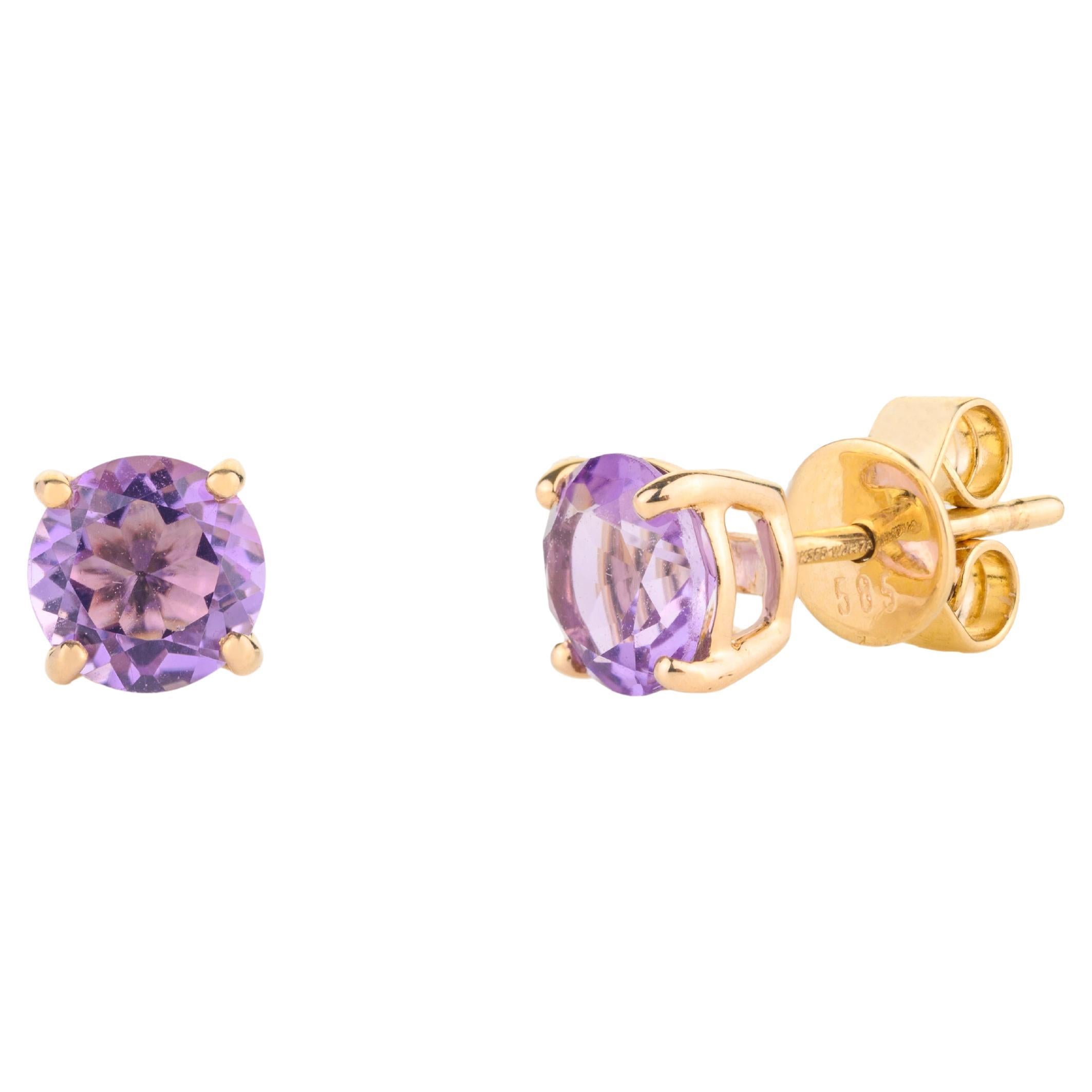 14k Yellow Gold Brilliant Cut Amethyst Prong Set Posts, Amethyst Stud Earrings