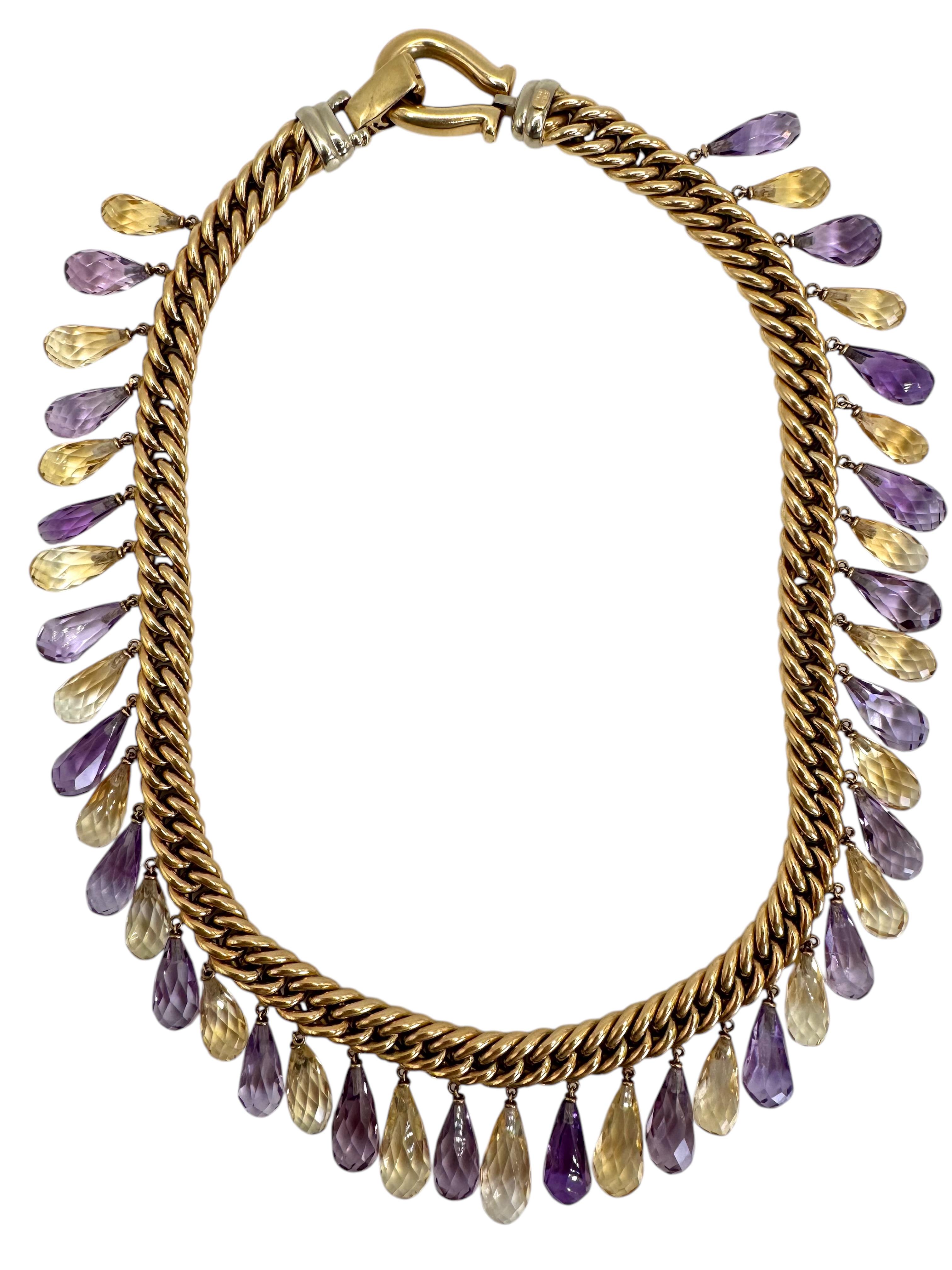 14K Yellow Gold Briolette Cut Amethyst and Citrine Necklace In Excellent Condition For Sale In Great Neck Plaza, NY