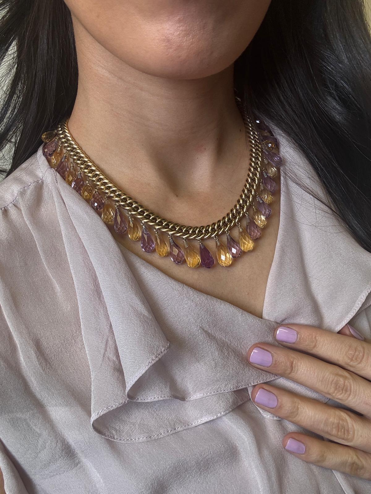 Women's 14K Yellow Gold Briolette Cut Amethyst and Citrine Necklace For Sale