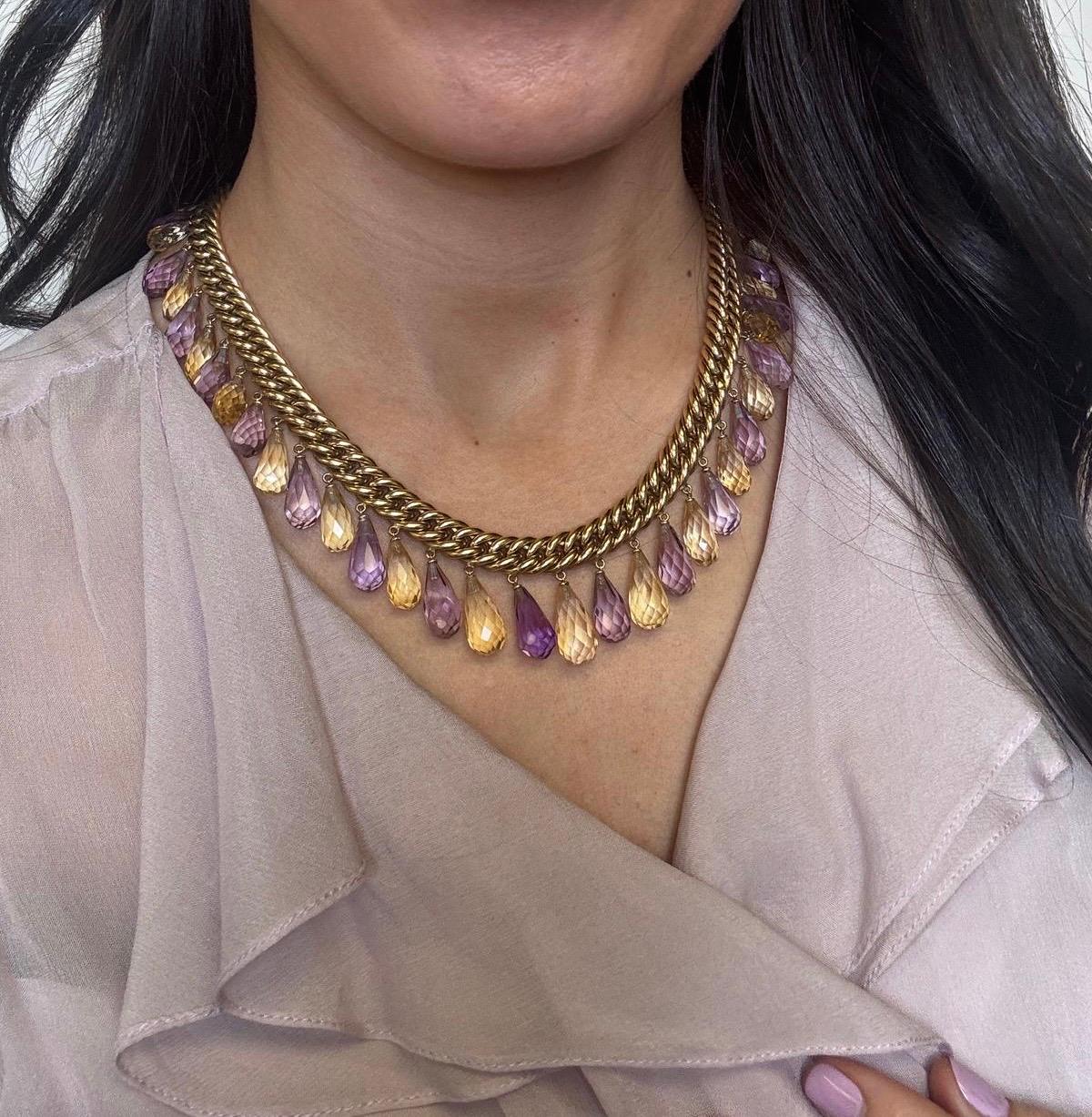 14K Yellow Gold Briolette Cut Amethyst and Citrine Necklace For Sale 1