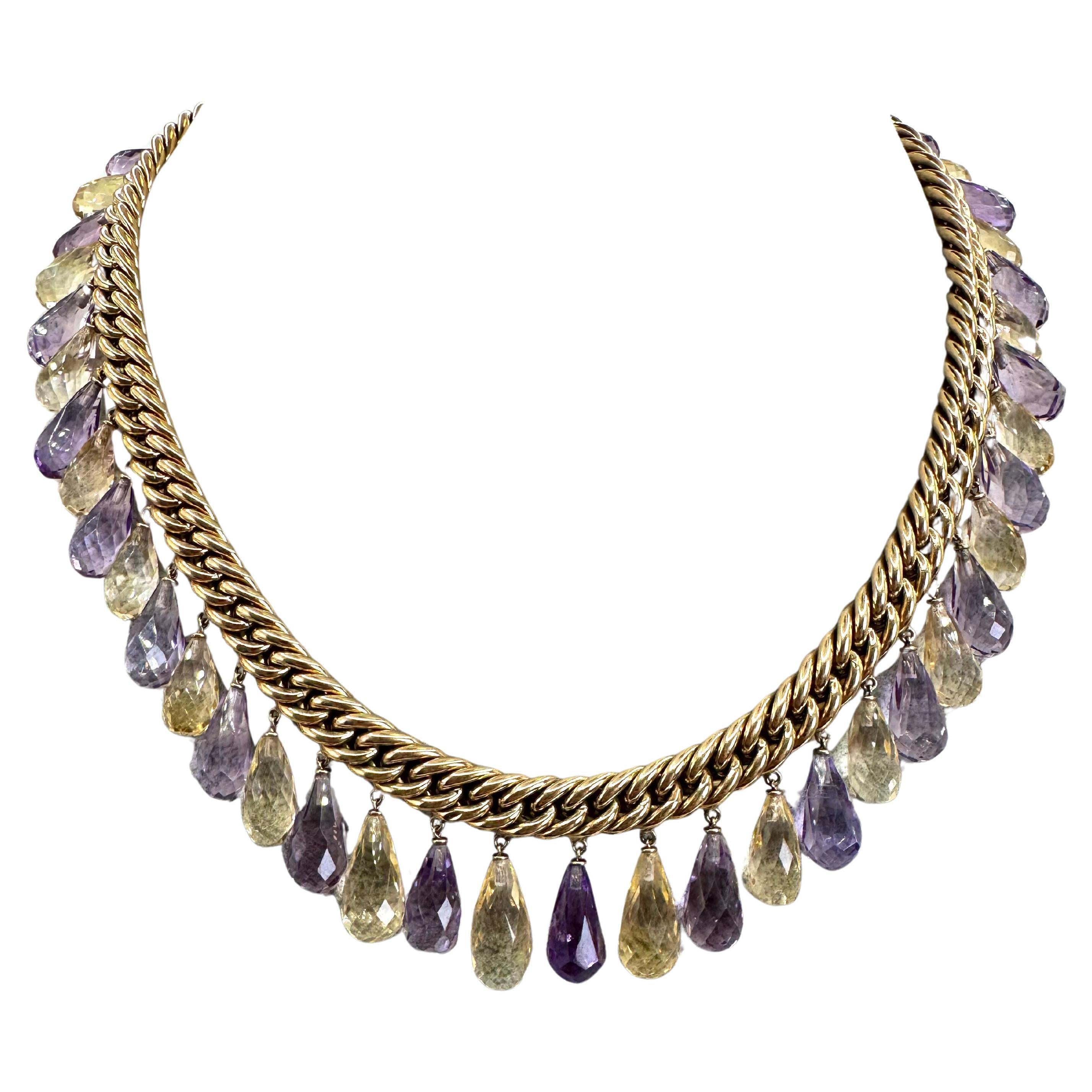 14K Yellow Gold Briolette Cut Amethyst and Citrine Necklace