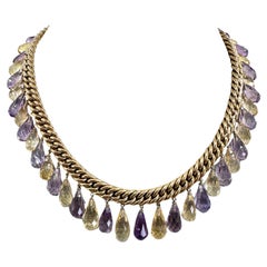 14K Yellow Gold Briolette Cut Amethyst and Citrine Necklace