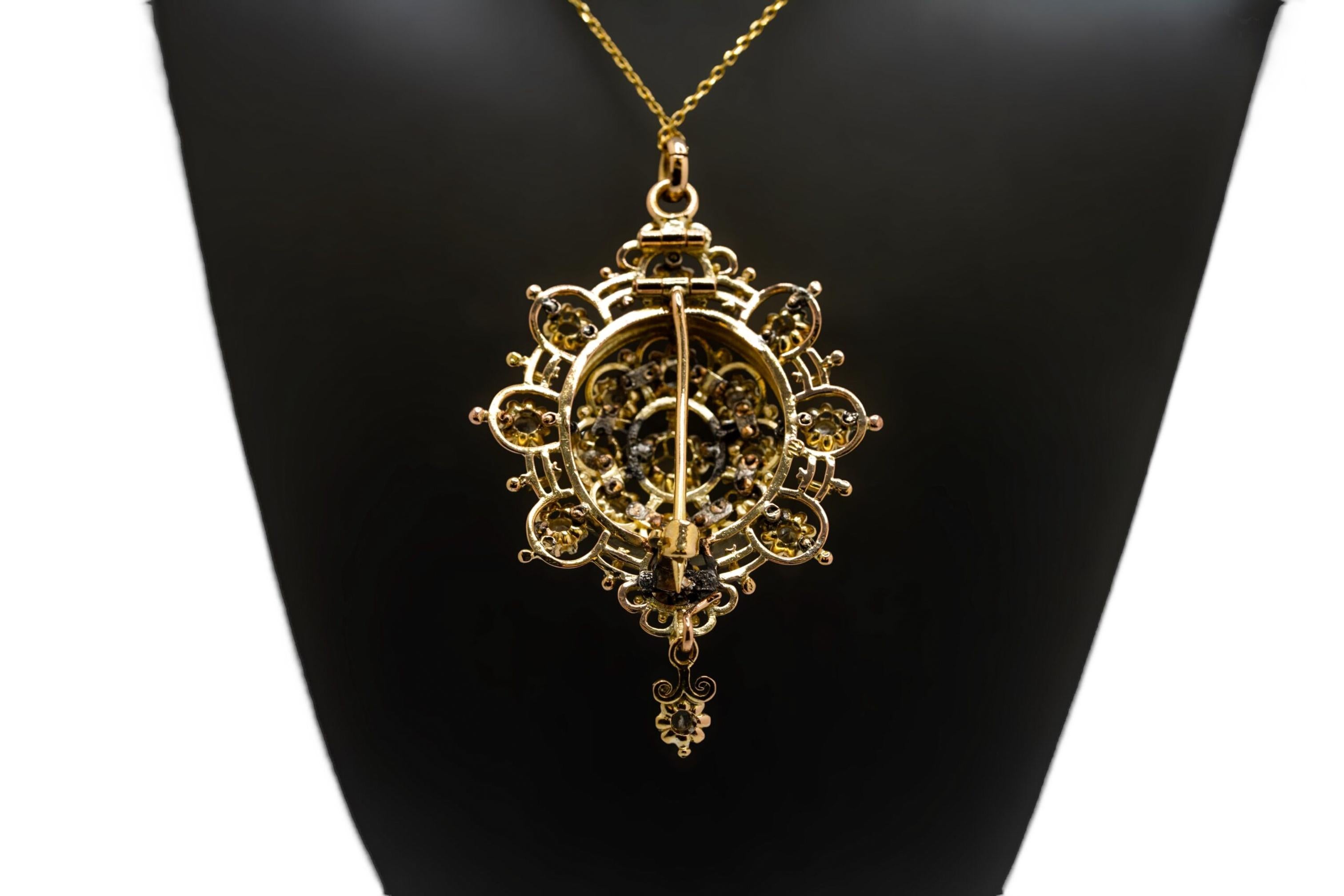 Pendentif broche en or jaune 14k serti de diamants roses mixtes naturels Collier en vente 5