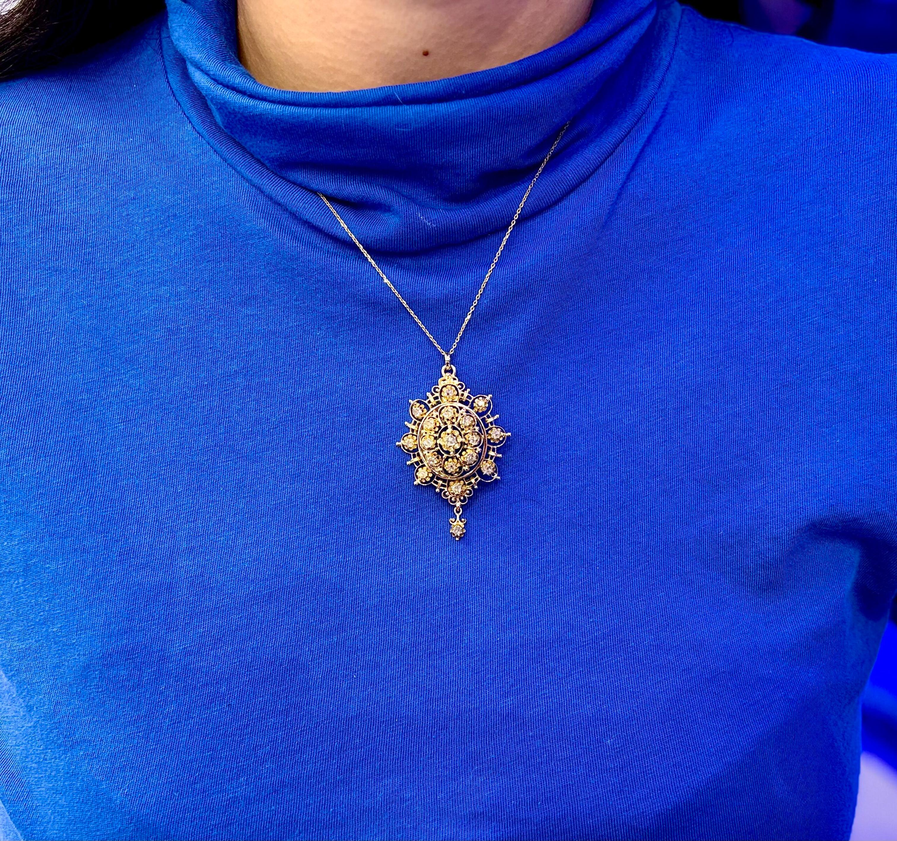 Pendentif broche en or jaune 14k serti de diamants roses mixtes naturels Collier en vente 6