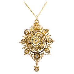 14k Yellow Gold Brooch Pendant set with Natural Rose Mixed Cut Diamonds Necklace